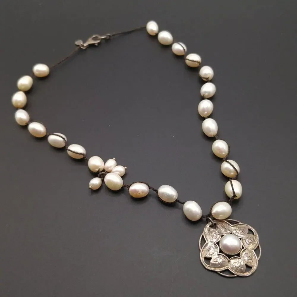 Silpada Pearl Pendant Necklace Sterling Silver Silk Cord Artisan Necklace